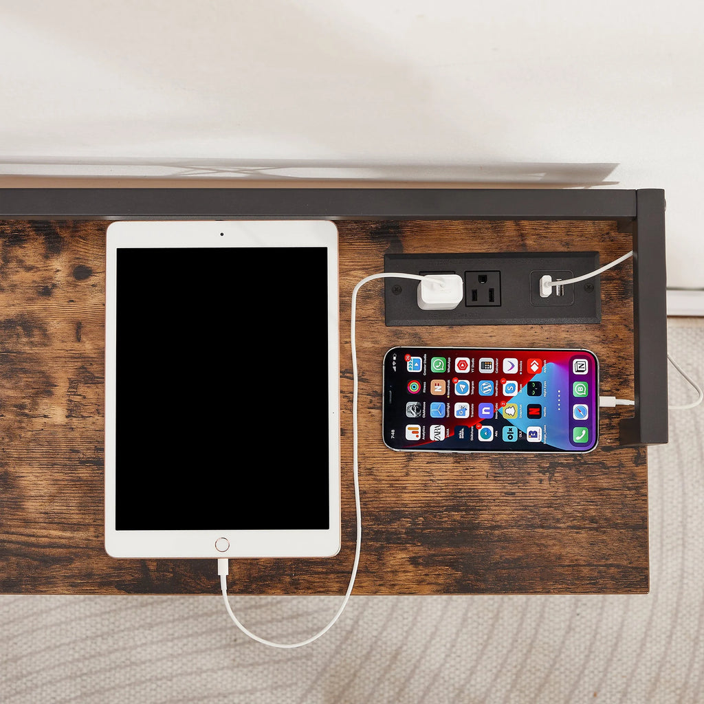 39.4" Console Table with 2 Outlet and 2 USB Ports, Industrial Style Sofa Table, Brown R5120