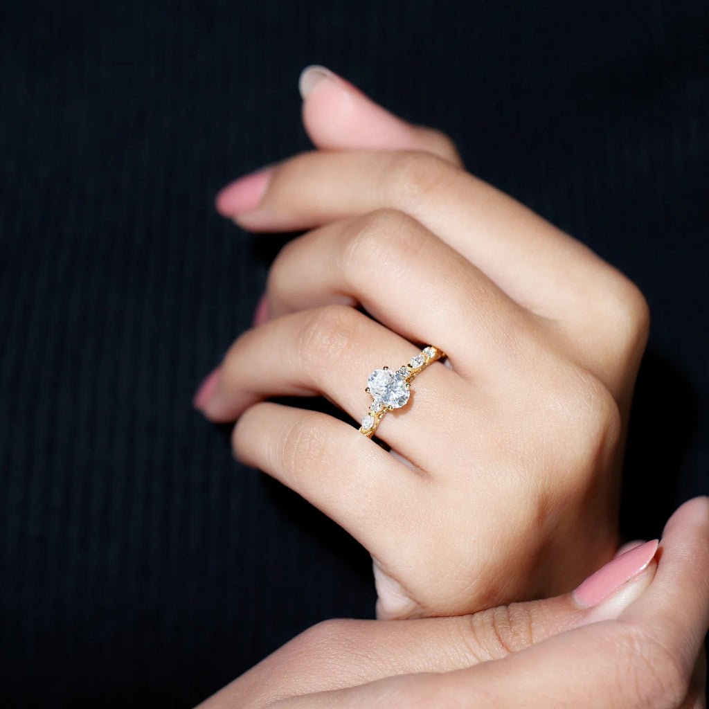 14K Yellow Gold Oval Moissanite Engagement Ring with Side Stones I74529