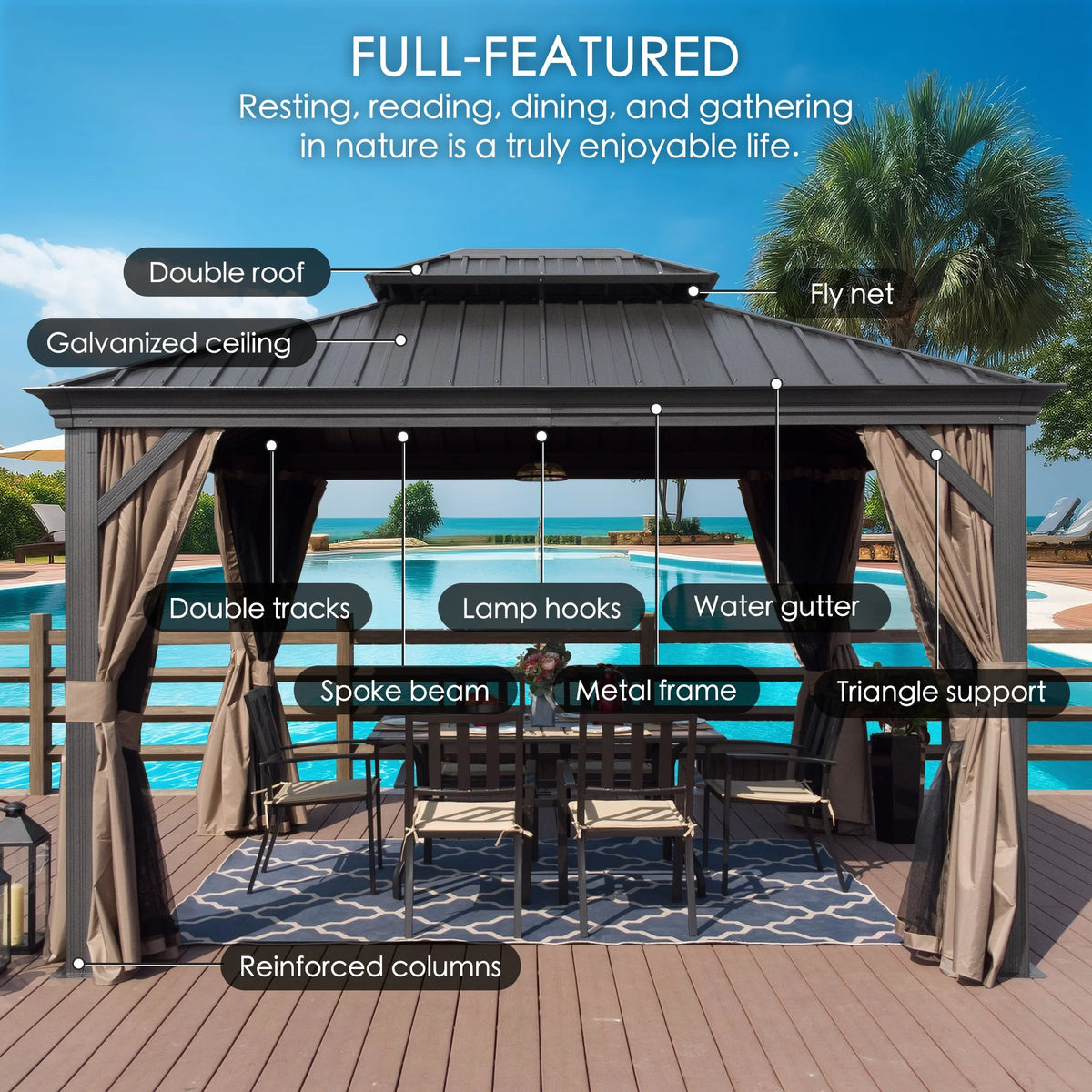 Hardtop Aluminum Gazebo with Mosquito Net and Privacy Sidewalls U221502