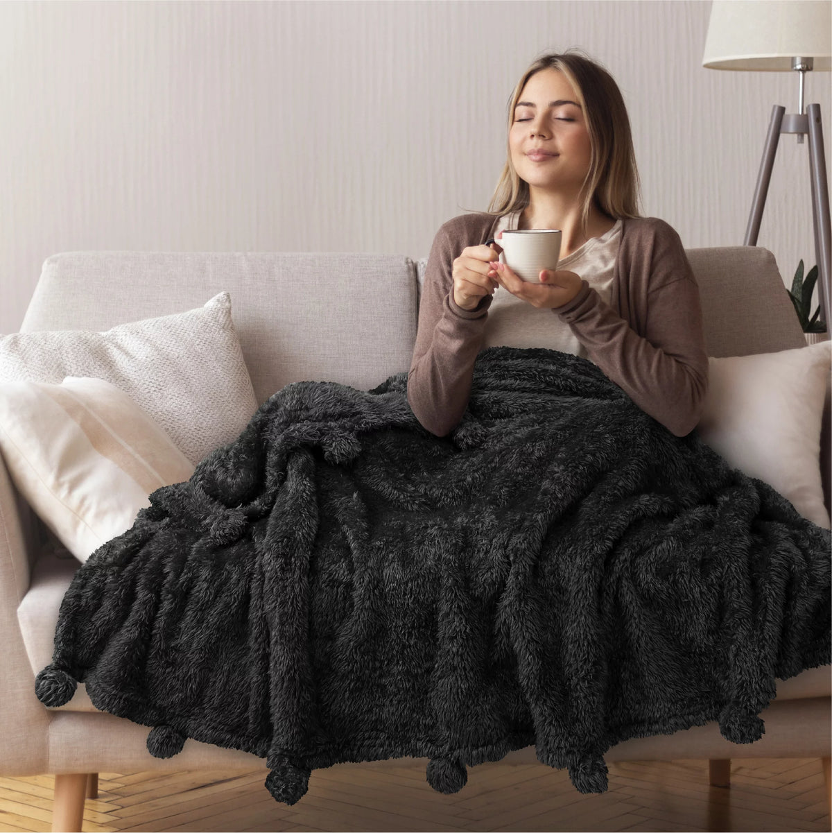 Black Sherpa Throw Blanket with Pom Pom Fringe 50x60 in U7060