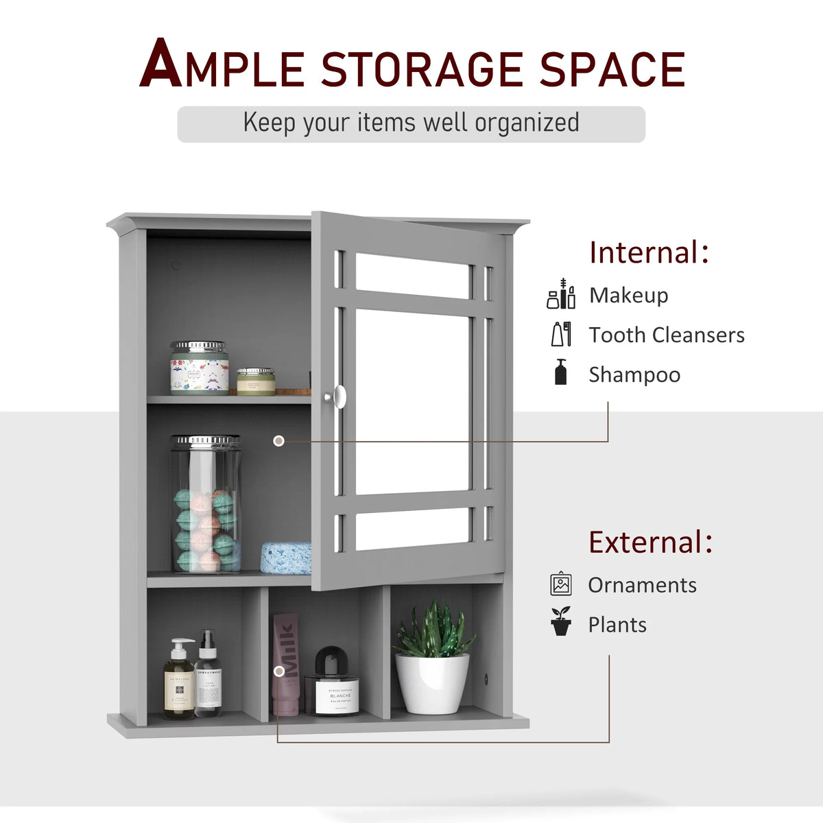Gray Wall Mount Bathroom Cabinet with Mirror Door and Open Shelves G913379