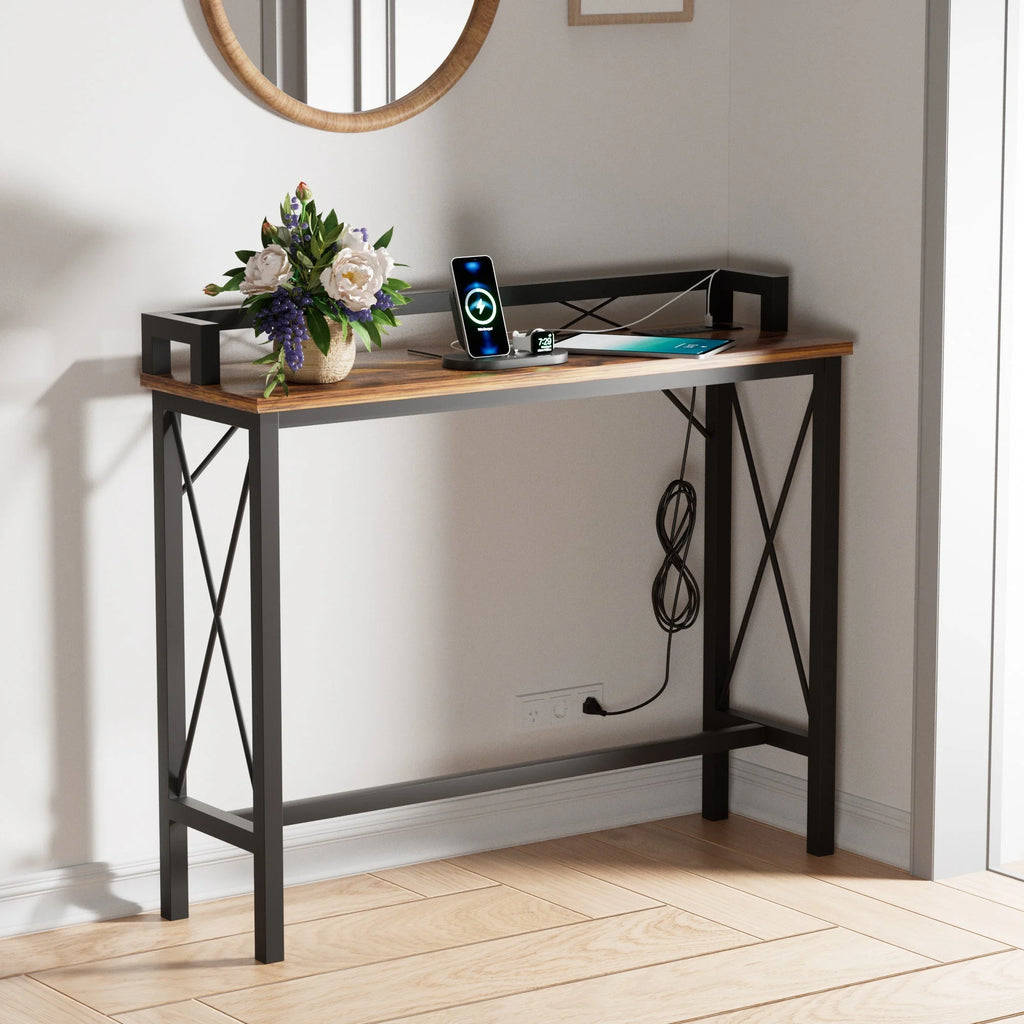 39.4" Console Table with 2 Outlet and 2 USB Ports, Industrial Style Sofa Table, Brown R5120