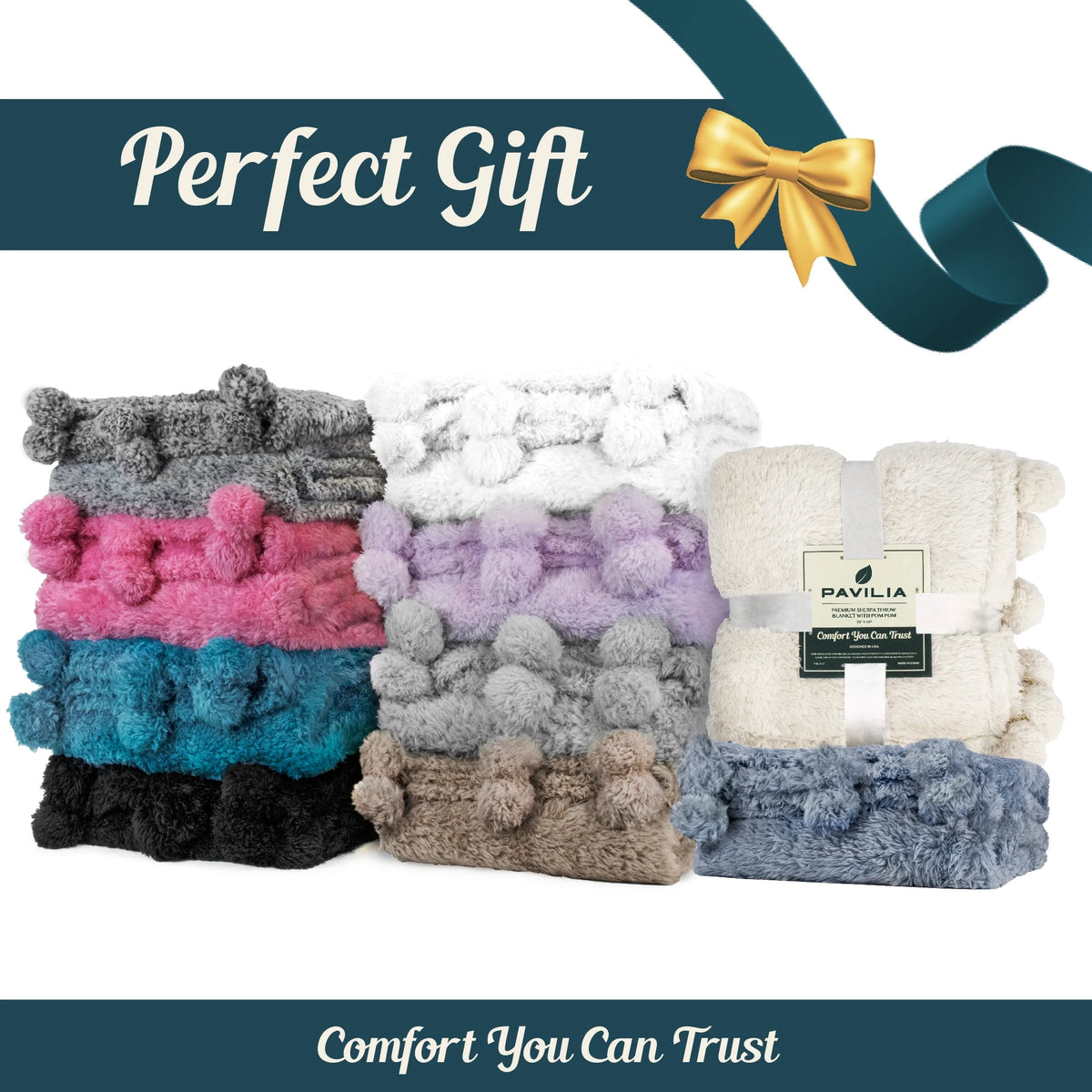 Black Sherpa Throw Blanket with Pom Pom Fringe 50x60 in U7060