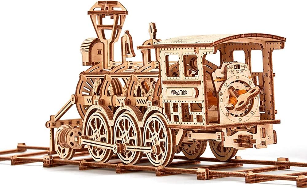 Wooden Toy Train Set with Railway - 34x7″ - Mechanical Model Kit - 3D Wooden Puzzle - DIY Toy Pack of 2 B93993